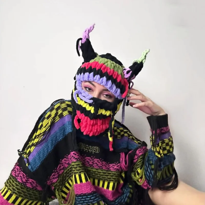 Women Winter Balaclava Cap Halloween Party Funny Rabbit Ears Creative Knitted Hat Men Warm Full Face Cover Ski Mask Hat