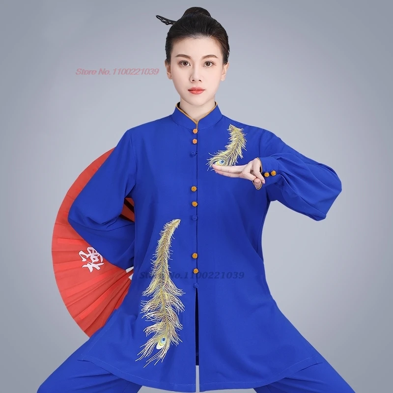 

2024 chinese tai chi kung fu training exercise martial arts national phoenix tail embroidery taijiquan stage performance suit