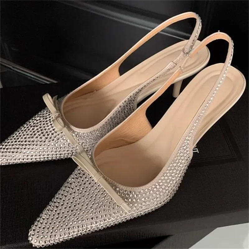 

Rhinestone Shoes For Women Pointed Toes Ladies High Heels Butterfly-knot Female Pumps Crystal Tacones Back Strap Chassure Femme