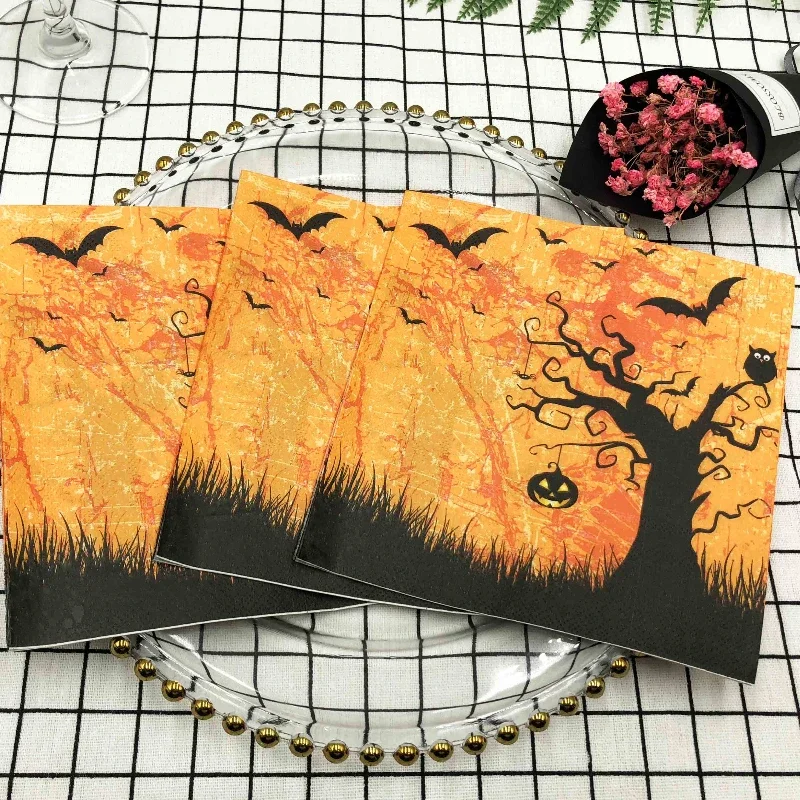 10/20pcs 33cm 2-Ply Halloween Party Decoration Paper Black Bat Owl Napkin Halloween Elements Wine Glass Flower Paper Placema/