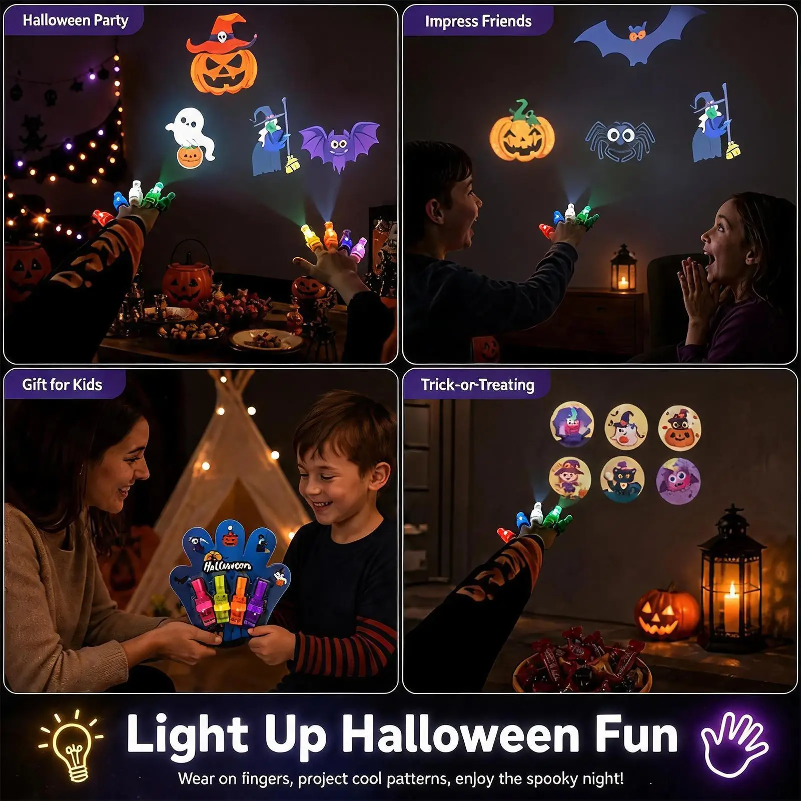 Halloween Finger Lights Glows In The Dark Palm Light Up Toys LED Projection Finger Flashlights Pumpkin Ghost Pattern Light
