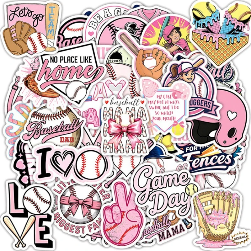 50Pcs Pink Baseball Sticker Cartoon Graffiti Decorative Luggage Laptop Scooter Motorcycle Water Cup Waterproof Decal Toys