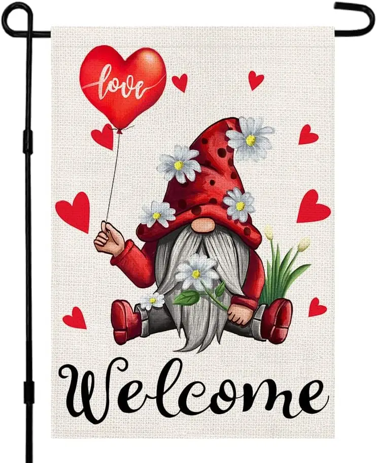 Valentines Day Garden Flag 12×18 Inch Double Sided for Outside Love Gnomes Farmhouse Rustic Seasonal Yard Decoration DF170