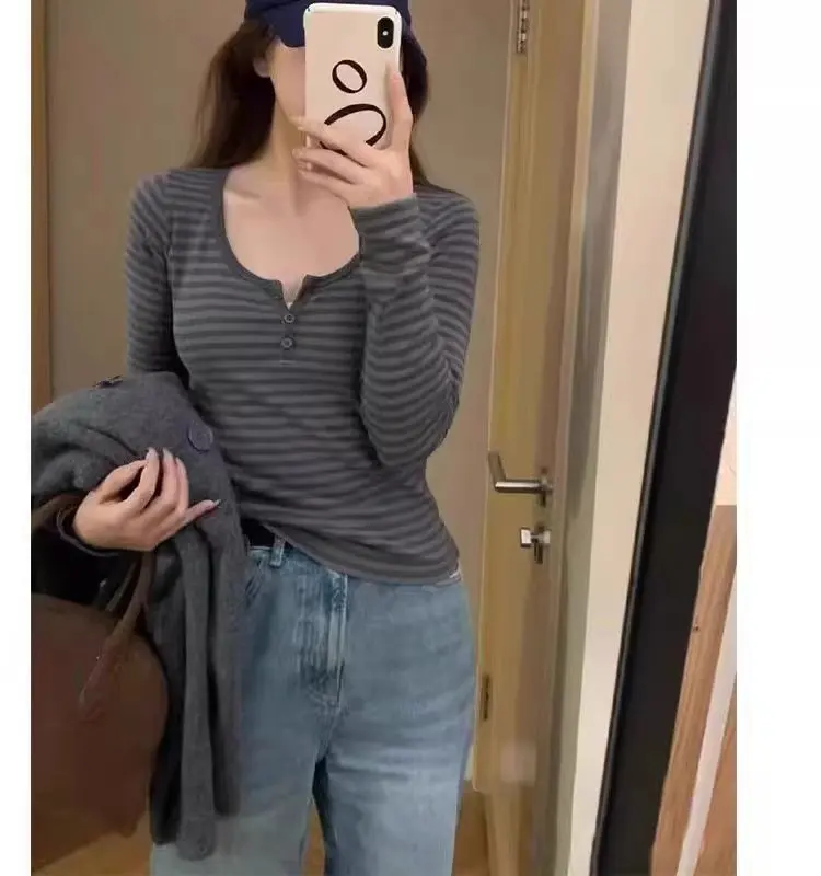 

BM Ранняя осень, длинная полосатая футболка с пуговицами, круглая футболка Ne, женский топ для похудения, модная основа irt