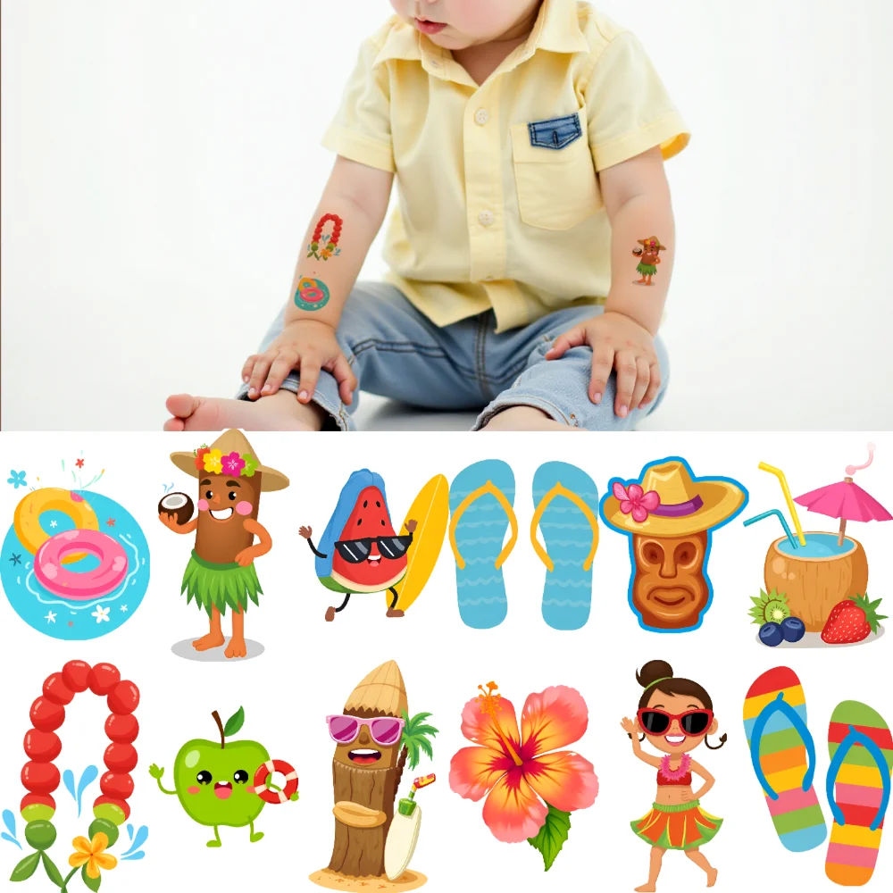 

54pcs Temporary Tattoo Banana Cartoon Sun Hat Cocktail Waterproof Long-Lasting Body Stickers Surfboard For Shoulders Girls
