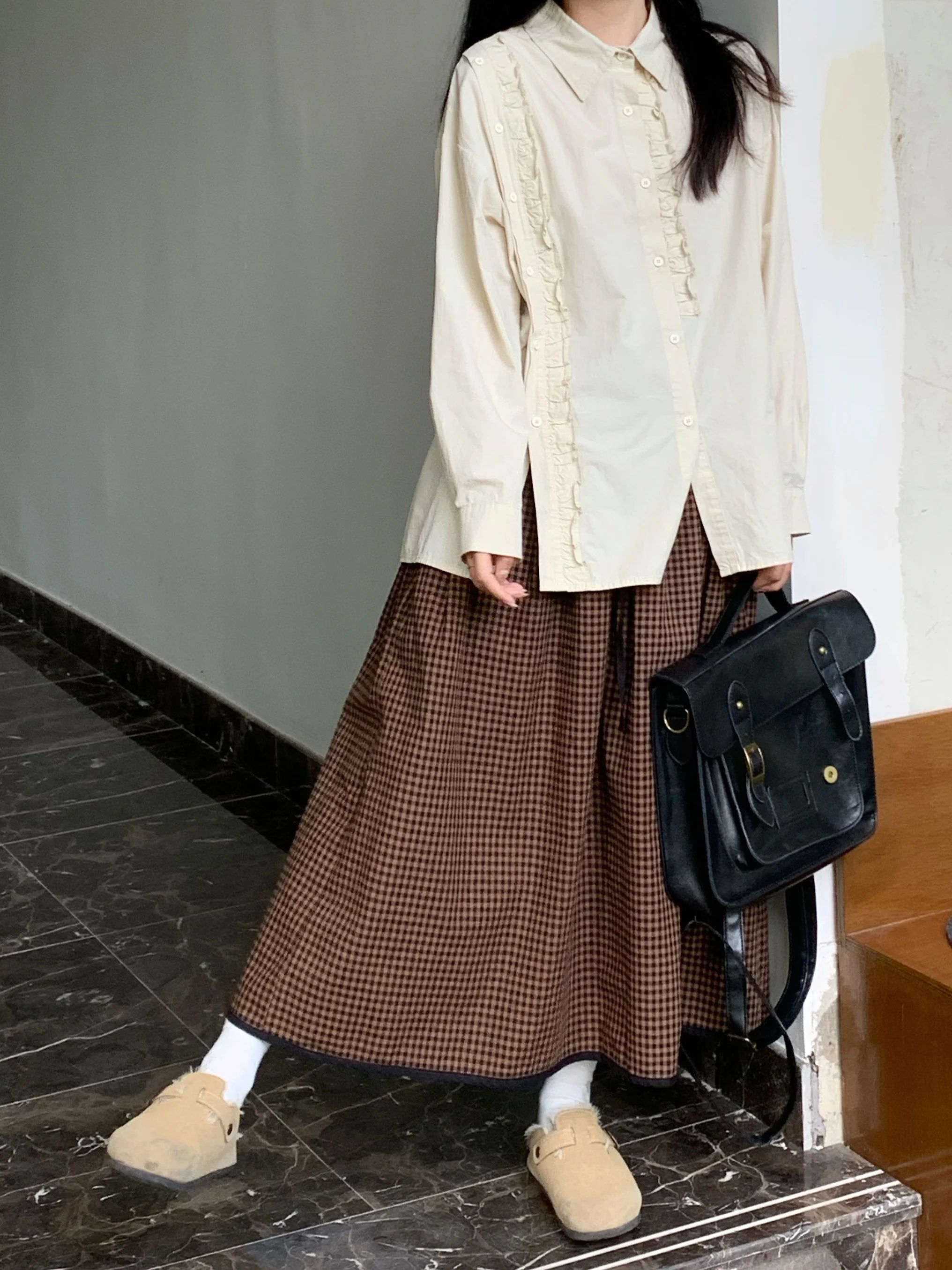 

Autumnal Plaid Skirt Elastic Waist Brown Women's Skirt Retro Sle A-Line Cotton Fabric Teen Girls Faion