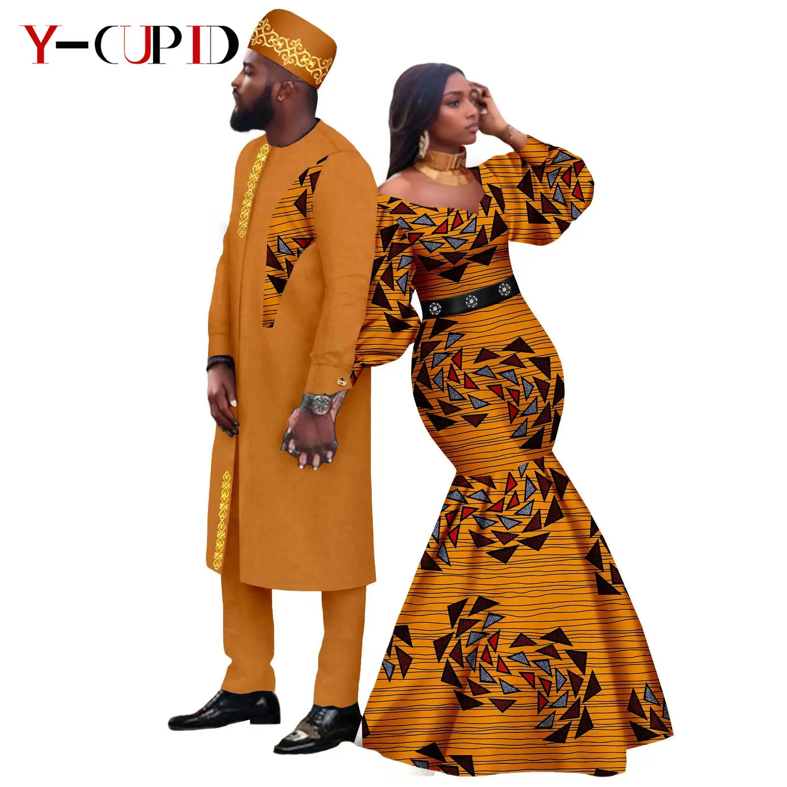 

African Print Long Mermaid Dresses for Women Matching Couples Clothes Dashiki Men Outfit Hat Long Jacket and Pant Sets 24C062