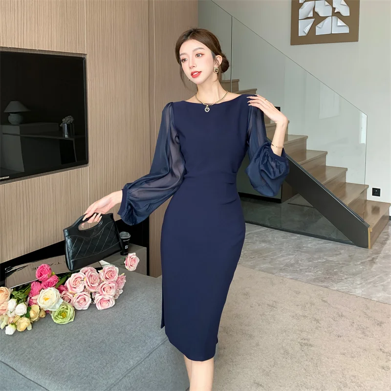 S-3XL French Summer Office Ladies Solid Bodycon Dress Fashion Women Round Collar Mesh Puff Sleeve Slim Side Split Pencil Vestido