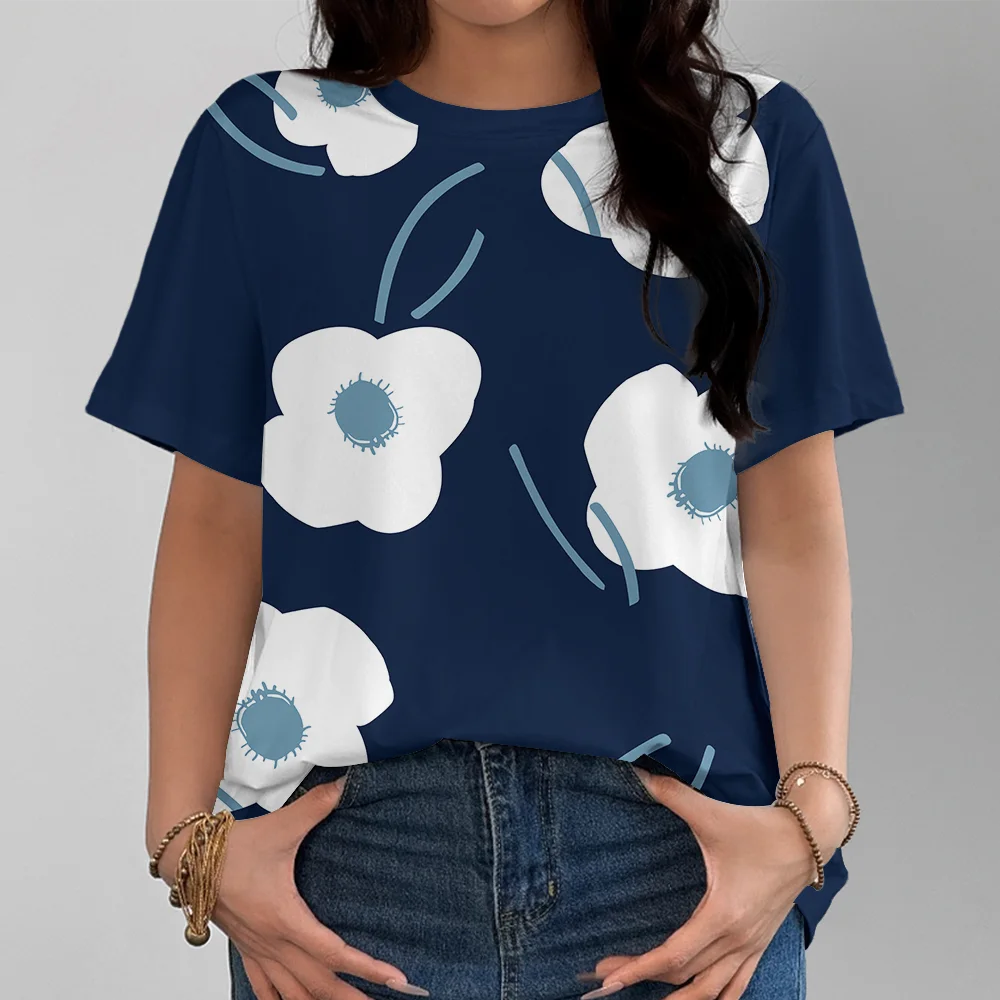 

Women's Navy Blue Fresh Printed T-shirt Casual Fashionable and Comfortable Summer Round Neck Short Sleeve Unisex Y2K Streetwear