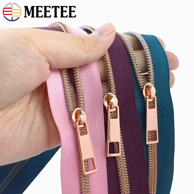

5/10M Sewing Nylon Zippers Tape 5# RoseGold Teeth Zipper with Zip Sliders Clothes Closure Zips Repair Kits DIY Accessories