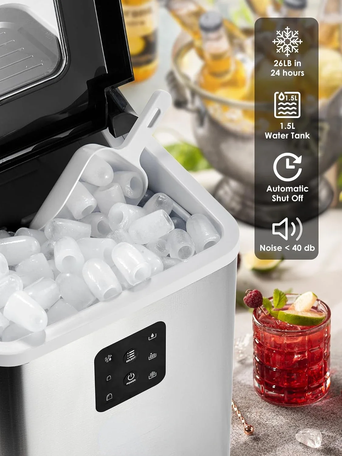 Máquina Self-Cleaning Countertop Ice Maker, produz eficientemente 26lb de gelo em 24 horas, oferece 2 tamanhos de cubo, dispensando 9 gelo