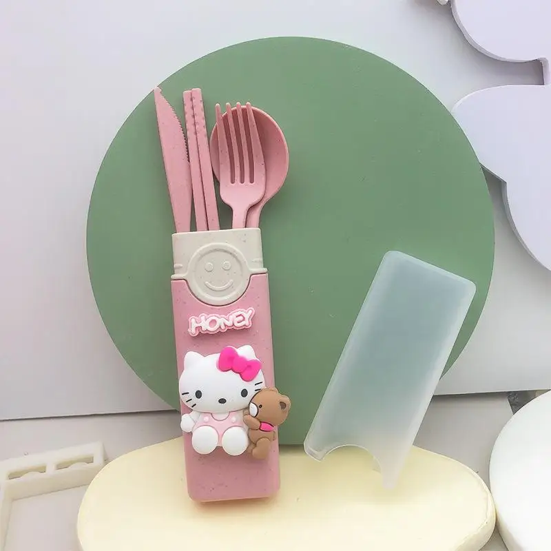 Kawaii Hello Kitty Sanrio Tableware Kuromi My Melody Cinnamoroll Student Fork Spoon Chopsticks Knife Wheat Straw Cutlery Set