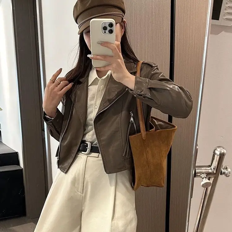 Women's Motorcycle Sle Leather Jaet Loose Fit Turn-down Collar ort Coat Upperwear Autumn New Arrival Premium Feeling