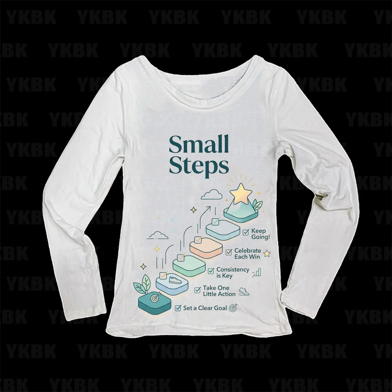 Y2K Minimal Positive Small Steps Goal Progress Print Women Long Sleeve T-Shirt O-Neck Slim Fit Graphic Casual Tops