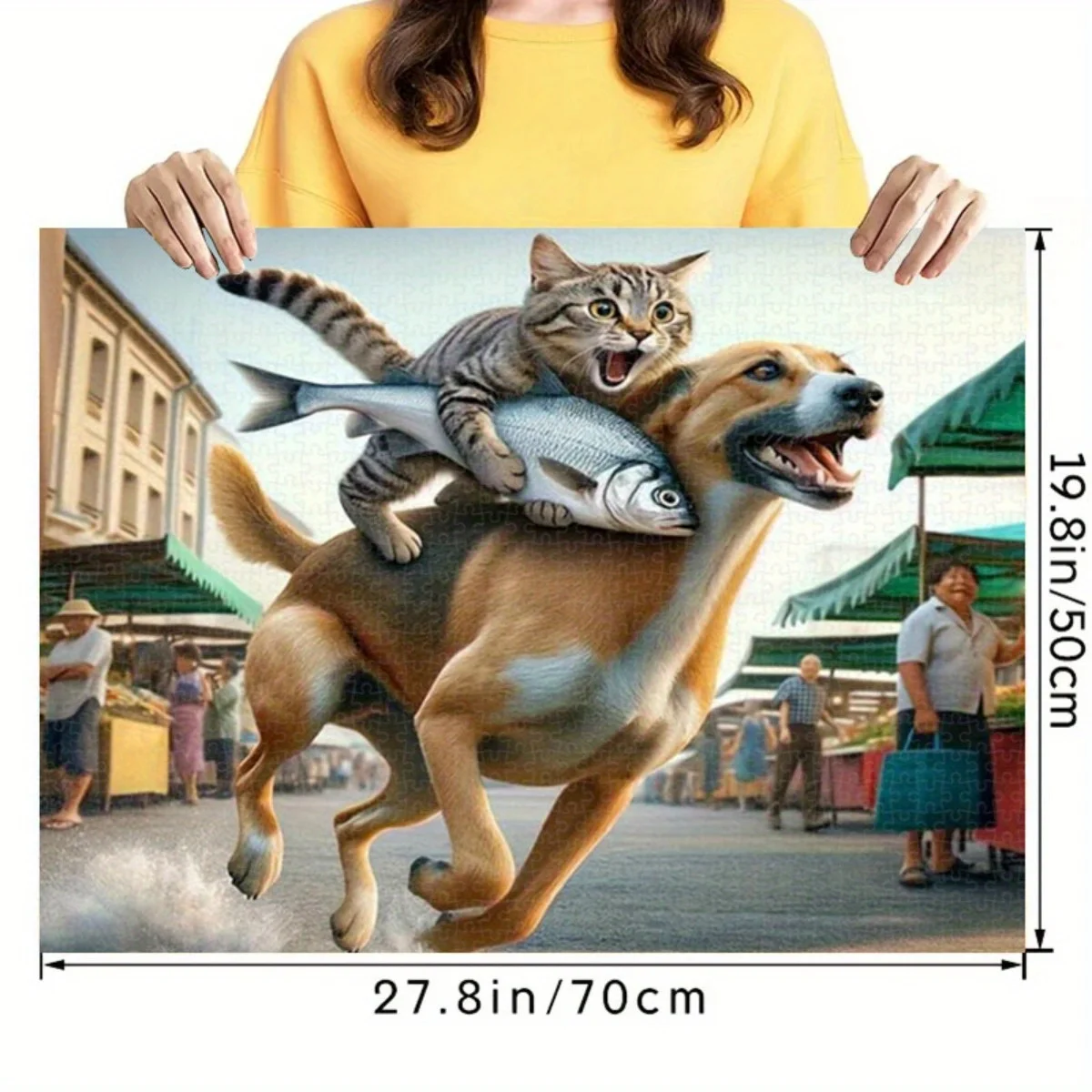 Large 1000pcs Jigsaw Puzzle - Cute Dog with Cat and Fish Market Scene, Fun Family Activity, High Difficulty, Frameless, Cardbo