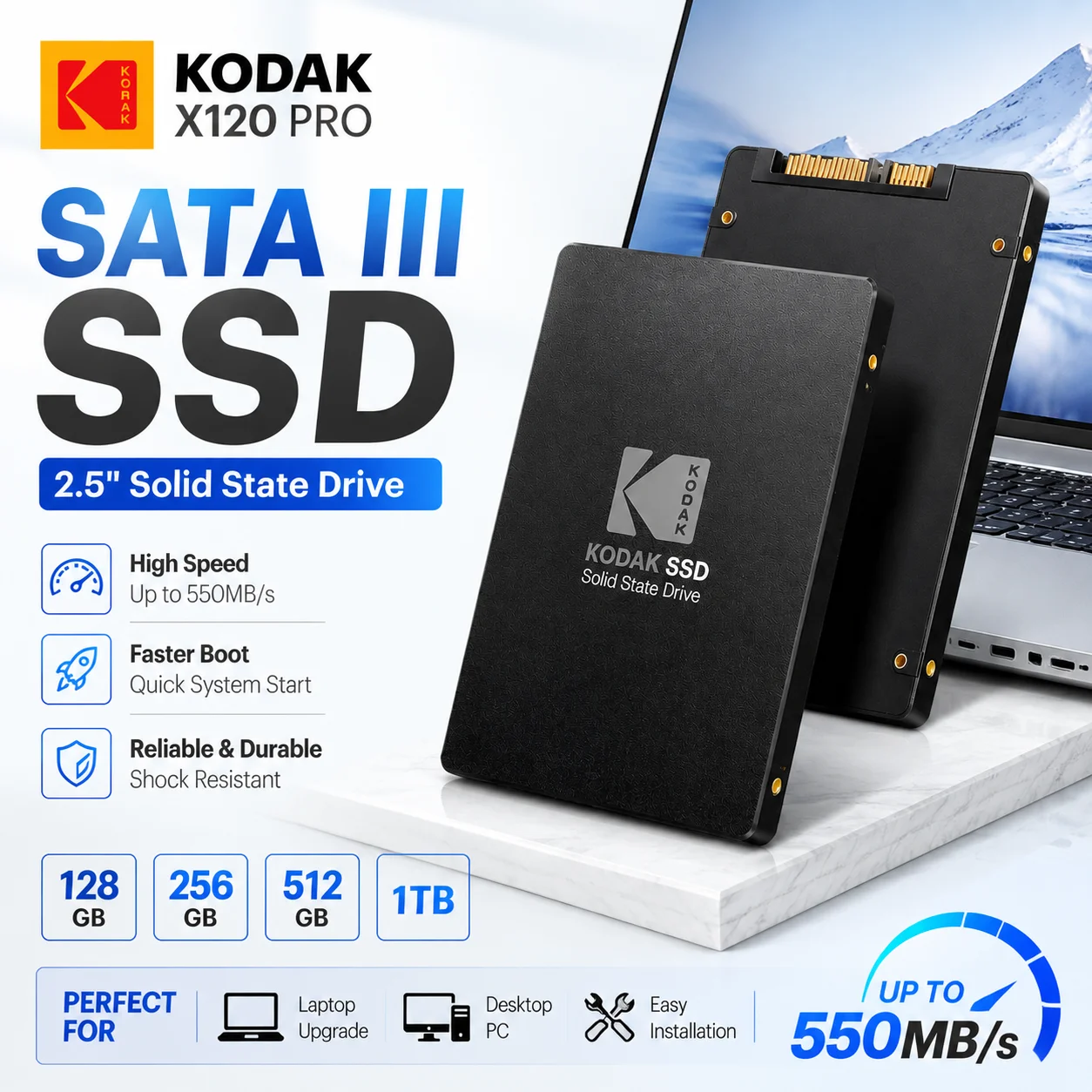 KODAK X120 Pro SATA III SSD 1TB 512GB 256GB 128GB 2.5 Inch Internal Solid State Drive for Laptop Desktop PC Upgrade