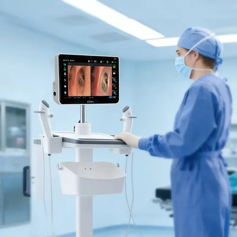 Endoscope Workstation Mobile Cart with Adjustable Mount and Integrated Storage for Clinical Use