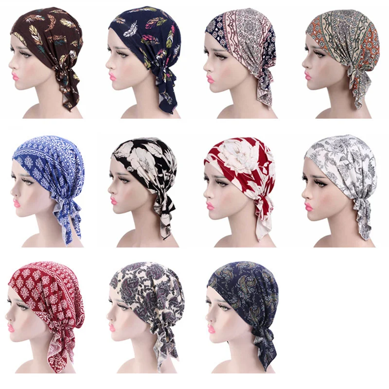 

2021 New Fashion Print Woman Turban Hat Soft Elastic Flowers Lady Muslim Headdress Wrap Head Scarf Hijab Caps Turbante Female