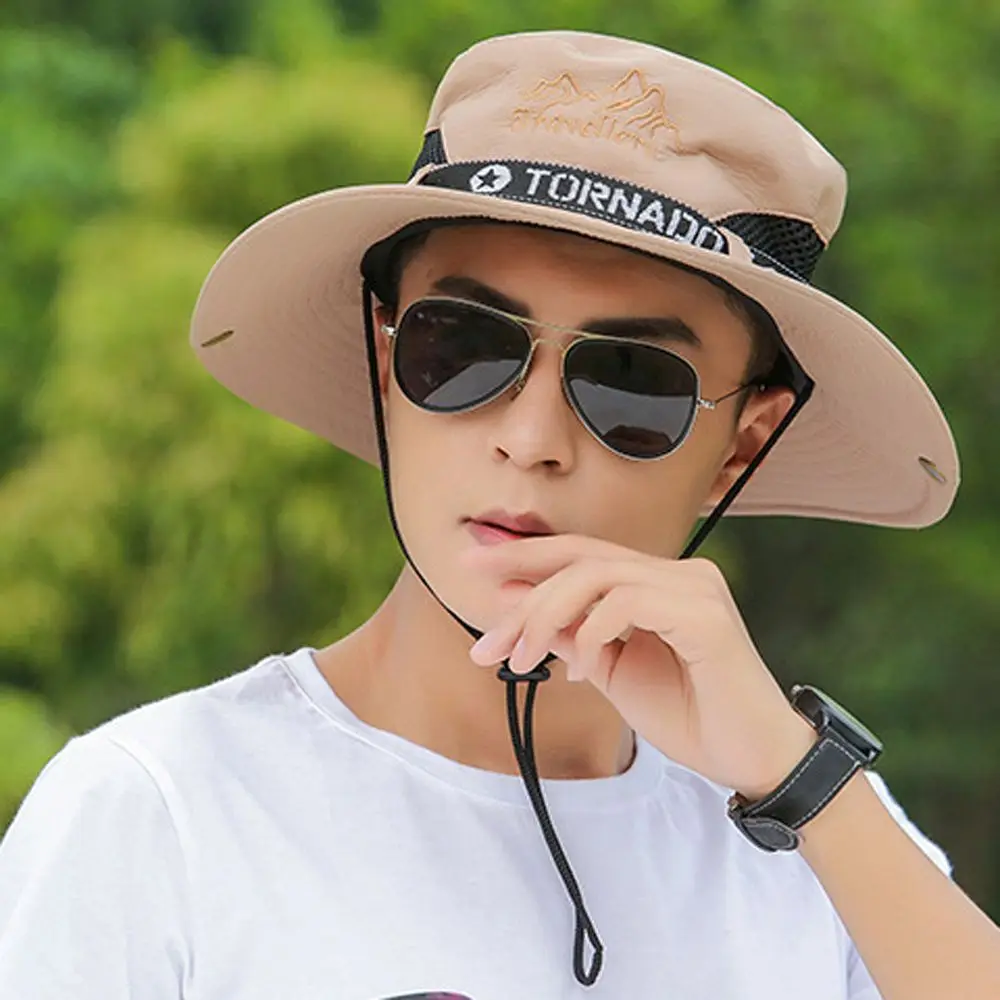 Sunshade Simple Hiking Fishing Letter Climbing Bucket Hat Cotton Large Brim Cap Man Sun Hat