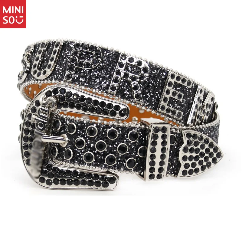 

Miniso Men's Rhinestone Glitter Belt, Punk Style Letter Design, Luxury Fashion Waistband