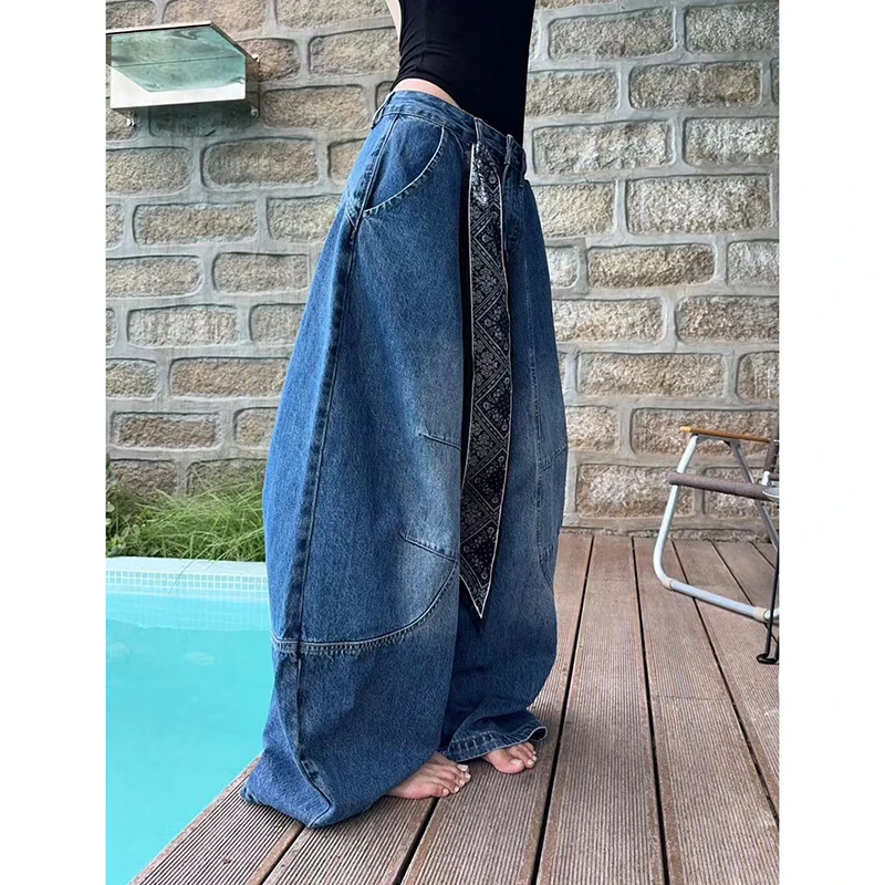 여성 빈티지 블루 배기 진 스트리트웨어 Y2K 2000년대 하이웨이스트 루즈 캐주얼 와이드 레그 팬츠 아메리칸 레트로 보이프렌드 바지