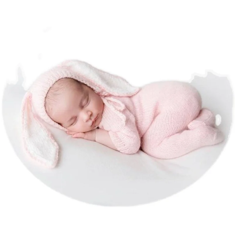 Handmade Baby Photography Clothing Newborn Photography Props Knitted Wool Baby Girl Boy Outfit Romper Jumpsuit Rabbit Ear Hat