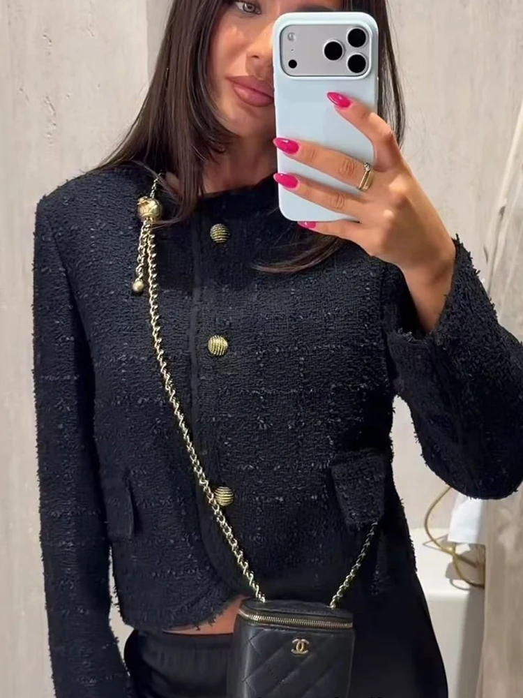 2026 Women's Black Tweed Jackets Fashion Metal Buckle Single Breasted Short Coats Autumn New O-Neck Ladies Elegant Outerwear