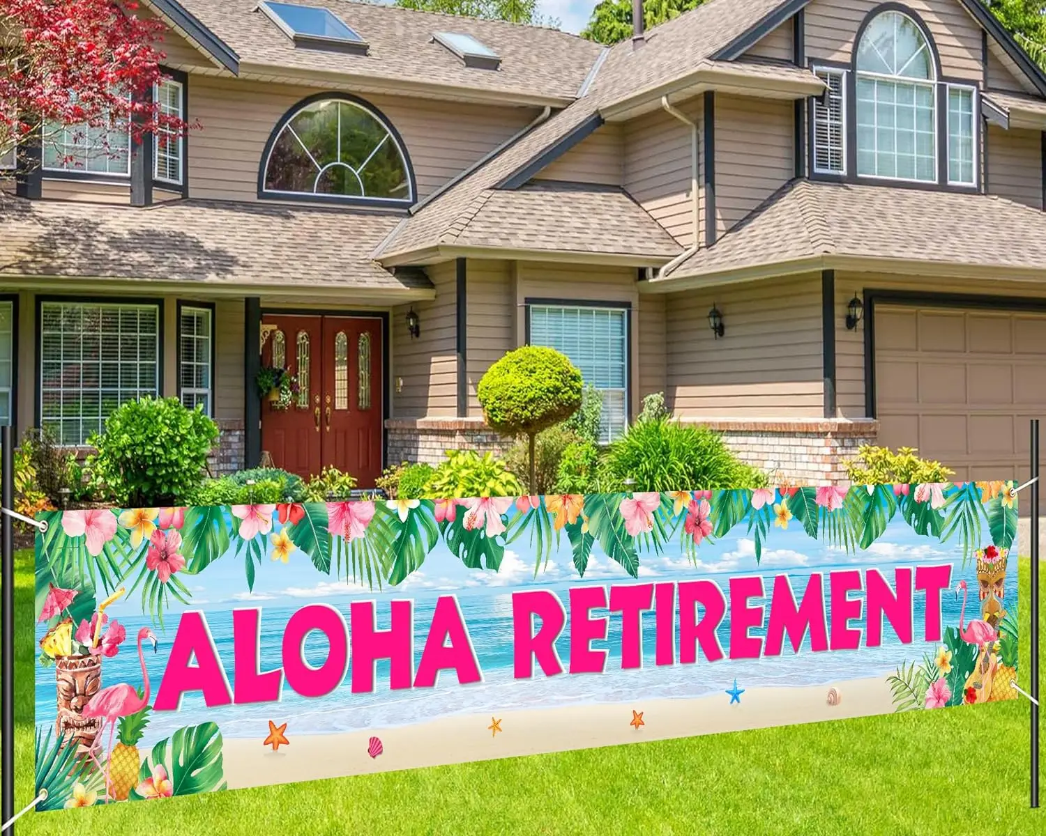 

Tropical Large Aloha Retirement Yard Banner Sign for Beach Themed Flamingo Tropical Hawaiian Luau Retirement Farewell Party