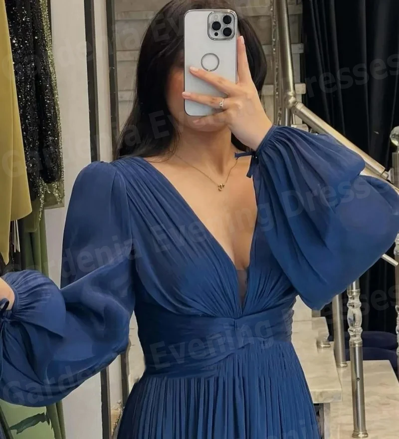 Preciosos Vestidos de Noche de línea A Para Mujer, Vestidos de graduación con cuello en V, Vestidos de fiesta plisados de manga larga personalizados Para Mujer Elegantes