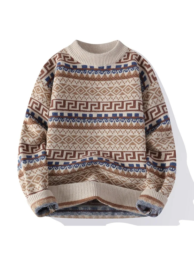 

Casual Vintage Autumn Winter Ethnic Geometric Jacquard Sweater Men's Stripe Crew Neck Pullover Relaxed Fit Thickened Knitwear