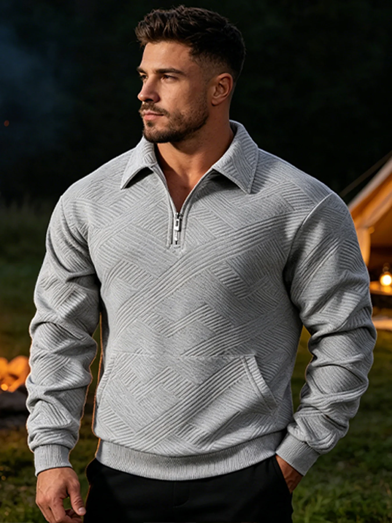 Herren Geometrischer Jacquard Viertelreißverschluss-Polo-Sweatshirt Langarm Gerippter Saum Kängurutasche Atmungsaktiver Strick-Freizeitpullover – Detail 6