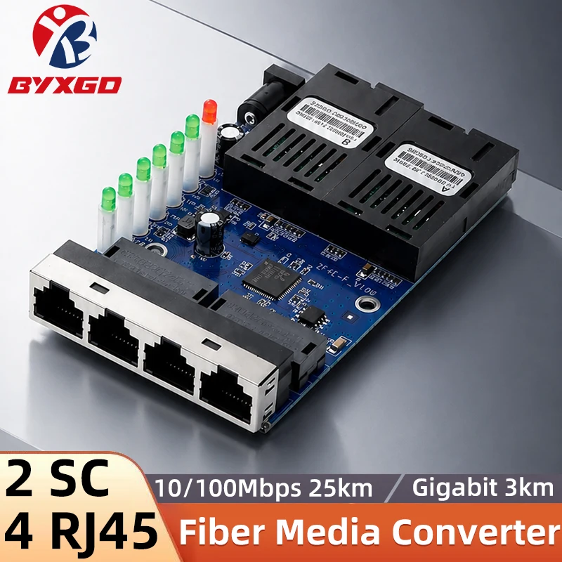 

BYXGD 10/100/1000Mbps 2SC 4RJ45 Fiber Media Converter PCB 3KM/25KM Single Fiber BIDI Ethernet Switch for CCTV Industrial