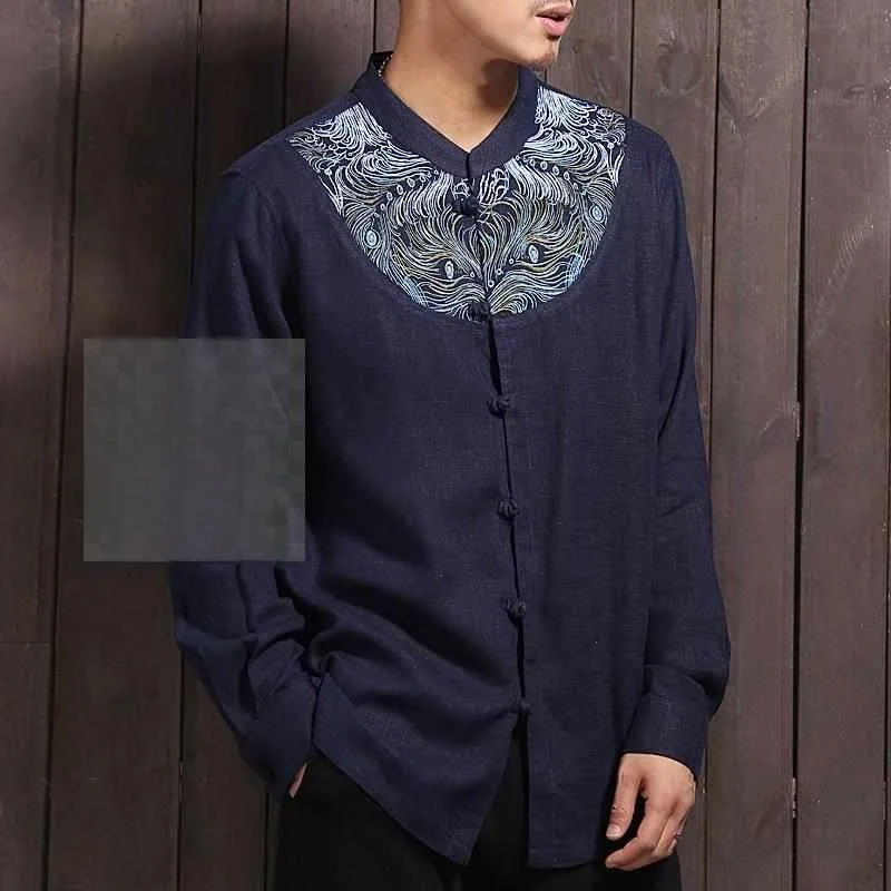 

Autumn New Men's Linen Long Sve irt Youth Embroidery Loose Fit Sun Protection Treaent Cotton 00% Ice Sensation Thin M...
