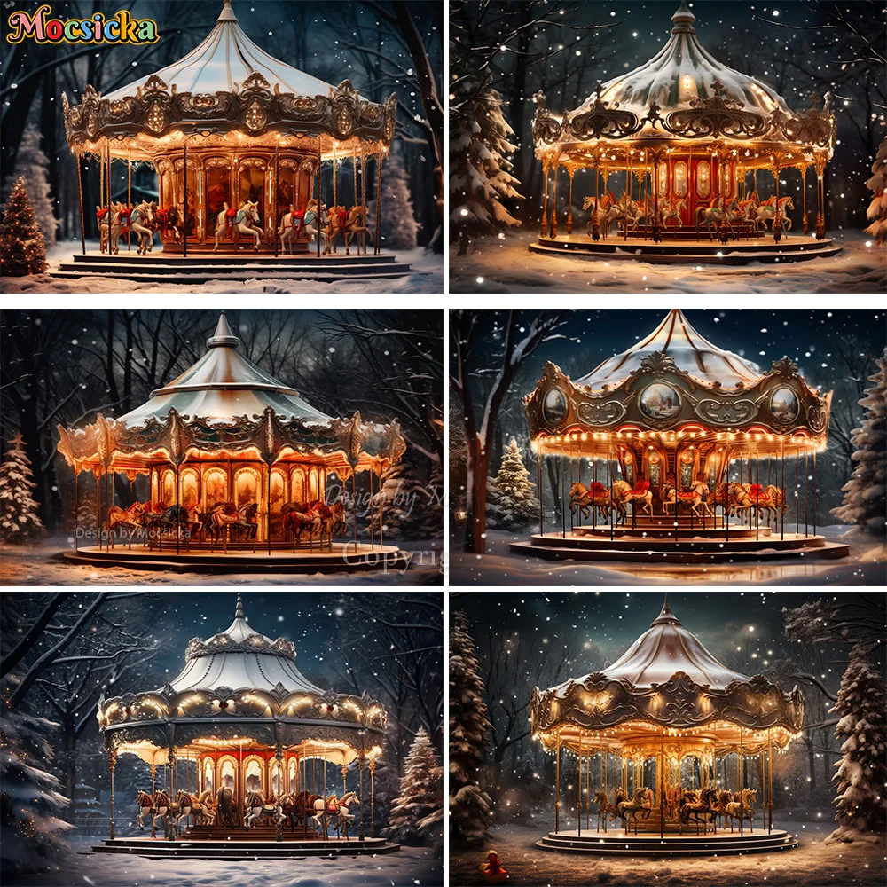 Christmas Carousel Backdrop Photography Prop Winter New Year\'s Eve Snow Forest Background Banner Girl Baby Portrait Photo Studio