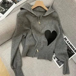 Chic Love Applique Casual Zip Up Knitted Cardigan Women Spring Fashion Hooded Cropped Sweater Korean Long Sleeve Knitwear Tops