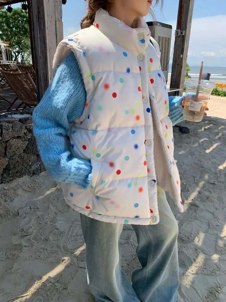 水玉模様リバーシブルラムウールコットンベスト レディース 2025秋冬デザイン ルーズ厚手コットンジャケット