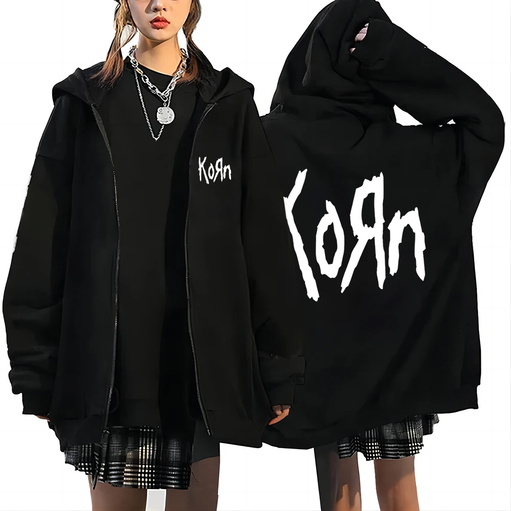 Korn Rock Band Letter Logo Zipper Hoodie Men's Metal Gothic Vintage Oversized Zip Up Hoodies Streetwear Punk Sweatshirts Jackets