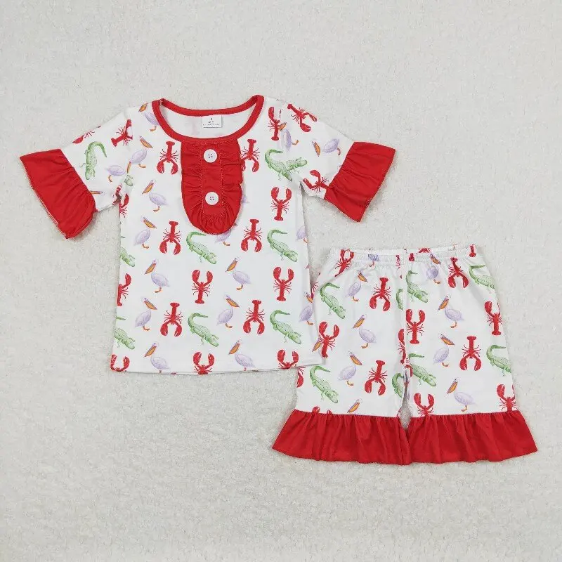 

X12.15 GSSO0689 Summer Baby Girl Crocodile and Crayfish Red and White Lace Short-Sleeved Shorts Pajama Set