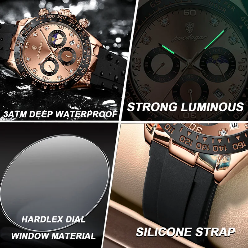 POEDAGAR Silicone Strap Watches Mens Sports Luxury Waterproof Brand Quartz Watch Man Luminous Chronograph Moon Phase Clock  Male