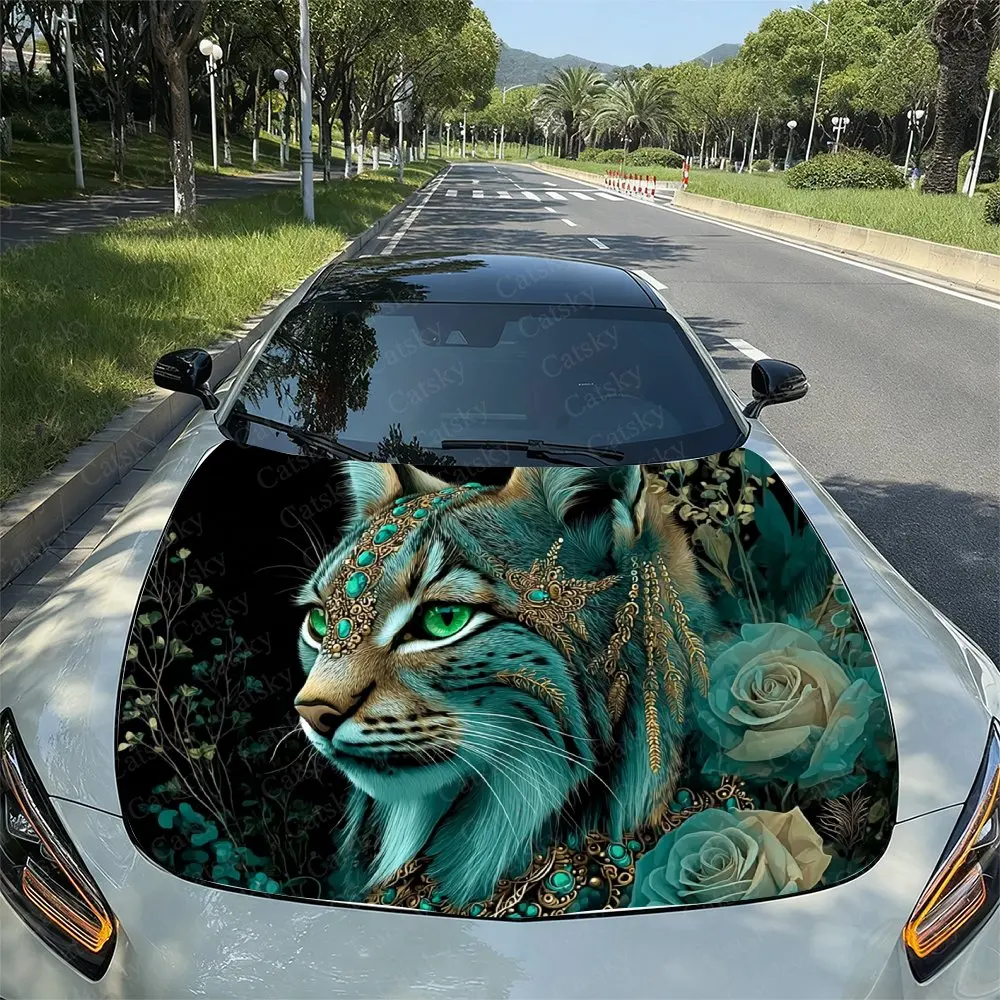 Green Eyed Dreamy Lynx Car Hood Sticker, Easy To Install And Remove, Independence Day Car Decoration, Suitable For A-class Sedan