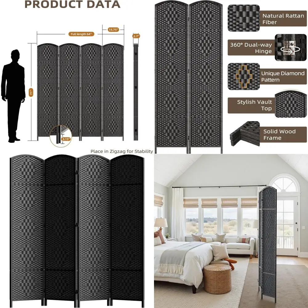

Складной экран конфиденциальности высотой 6 футов с 4 панелями, черный для разделения пространства
