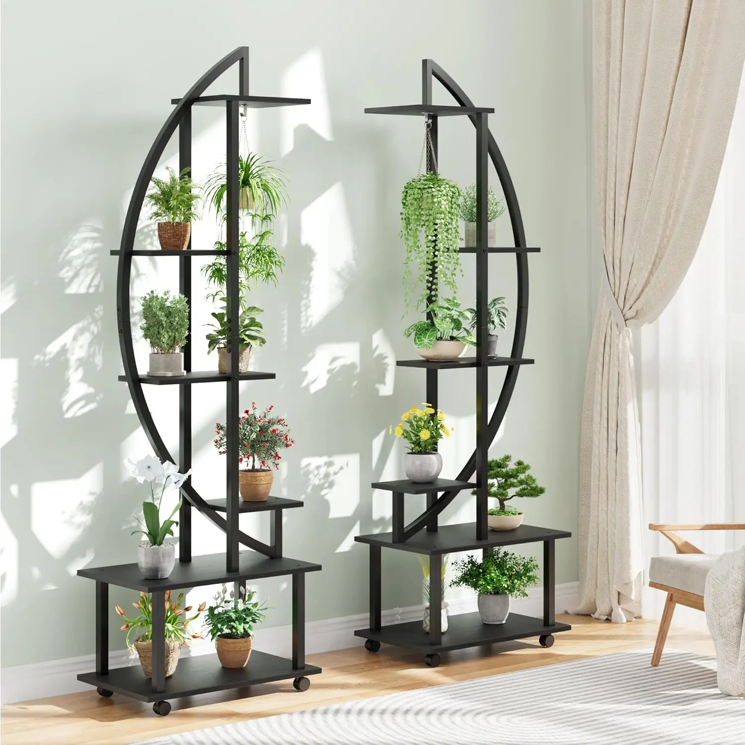 

2pcs Half Moon Shape Plant Stands 6 Tier Metal In With Detachable Wheels Large Plant Display Stand for Home Patio Lawn Balcony