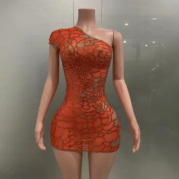 주식 생일 축하 파티 샤이닝 라인스톤, 섹시한 원 숄더, 원피스 파티 이브닝 가운, 가수 무대 코스튬