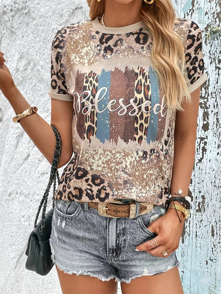 

Летняя повседневная женская футболка с леопардовым принтом, женская мода с коротким рукавом, уличный женский элегантный топ с коротким рукавом