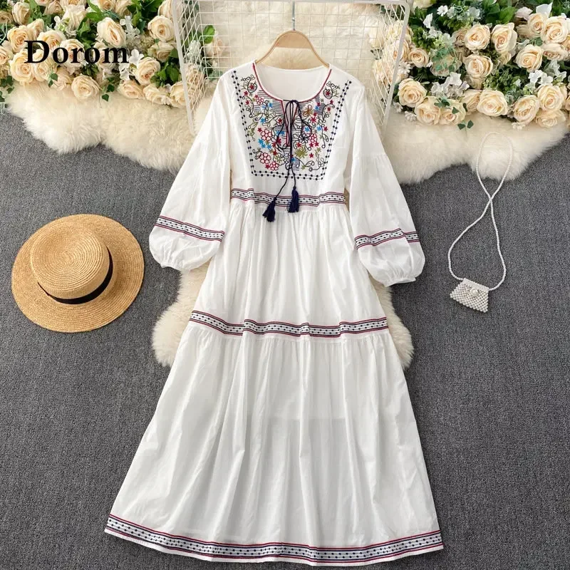 Vintage Flower Embroidery Beach Dress Women Spring Summer Lace-up Puff Sleeve Maxi Dress Casual Loose Party Vestidos Robe Femme