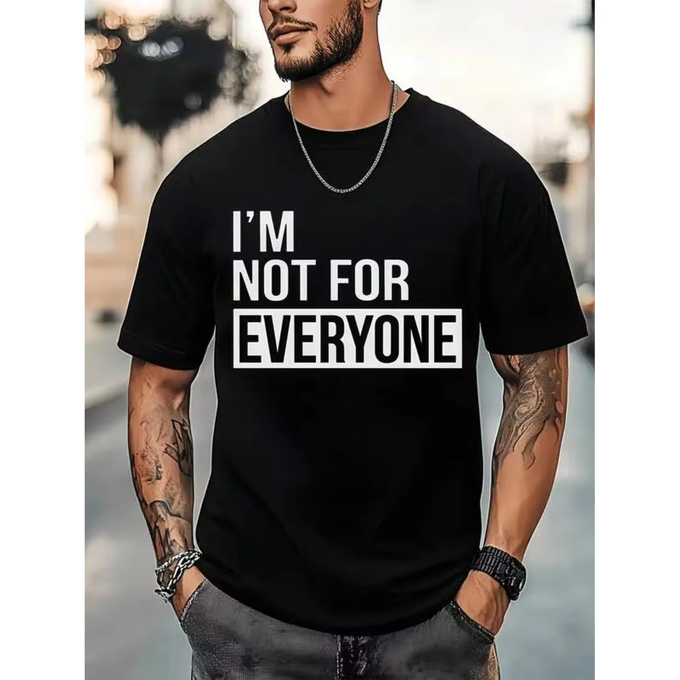 Men's Black Statement Quote Print Cotton T-Shirt, Crew Neck Medium Stretch Knit Regular Fit Short Sleeve Casual Daily Top, Suitable for Boys and Adult Men