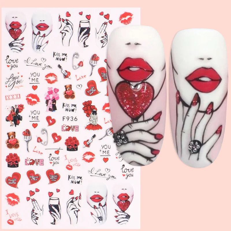 3D 발렌타인 네일 아트 스티커, 쿨 레이디 하트 장미 꽃 슬라이더, 커피 케이크 접착 데칼 장식, DIY 매니큐어, 5 개