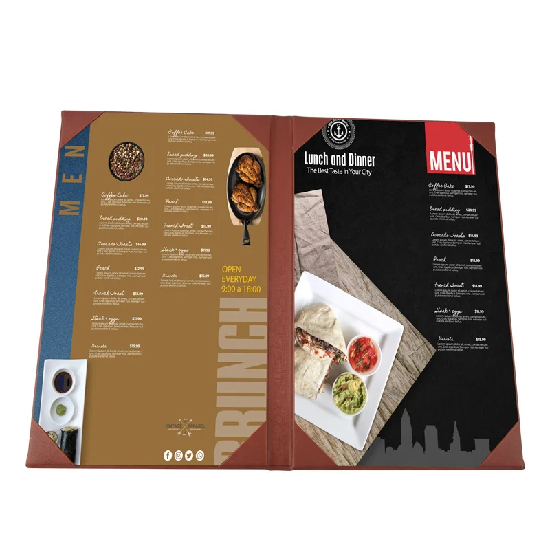 Customized product.Custom Table Menus A4 PU Leather Restaurant Book Menu Cover with Engraved Logo