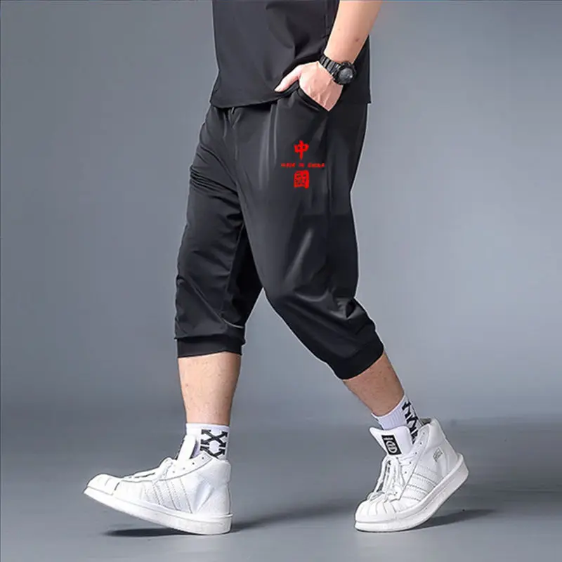 여름 아이스 실크 바지 남성용 바지 크롭 캐주얼 바지 루즈핏 남성 스포츠 바지 울트라씬 스타일