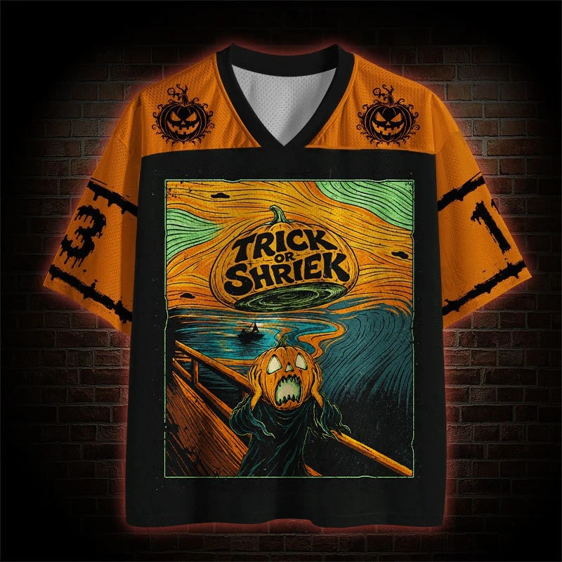 2026 Halloween Jack O Lantern Scream Art Graphic Jersey Shirt Unisex Loose Black Orange Mesh Short Sleeve Horror Streetwear Top